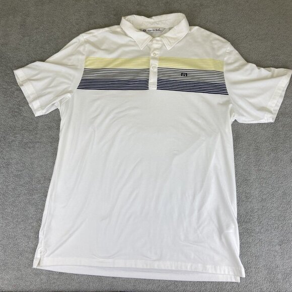 Travis Mathew Polo Shirt Men XL White Stripe Golf White Gray Yellow Cypress Lake - Picture 1 of 12